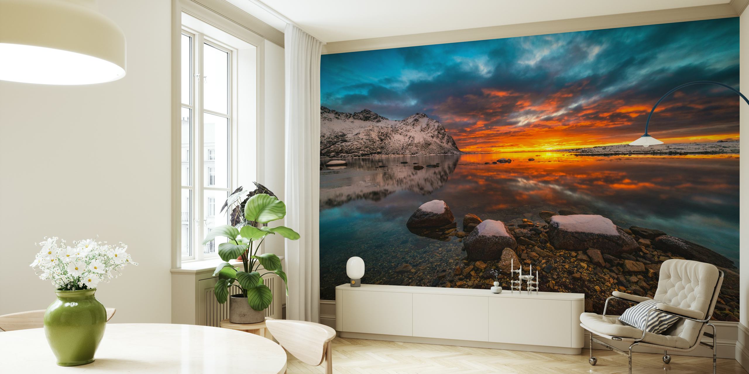 Sky on fire wallpaper in a room setting